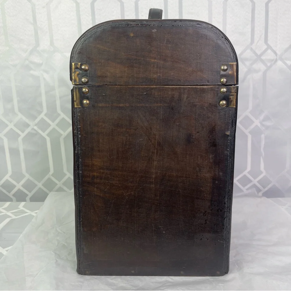 Vintage Style Wooden Wine Carrier Trunk Tooled Leather Straps Large Gift Box